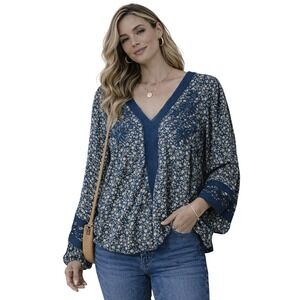 FESTI Floral Blouse Women Sz. 0X Blue Boho Embroidered Lace VNeck L/Sleeve *NWT*